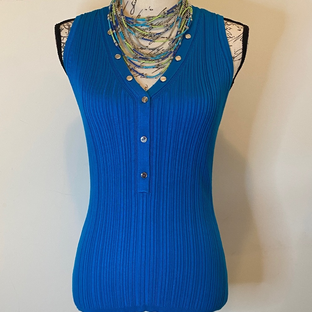 White House Black Market Ocean Blue Ribbed Snap Henley Tank Top NWT